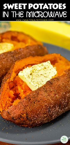 sweet potatoes in the microwave with butter and seasoning on top, sitting on a plate