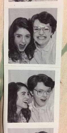 three black and white photos of women with glasses on their faces, one smiling at the camera