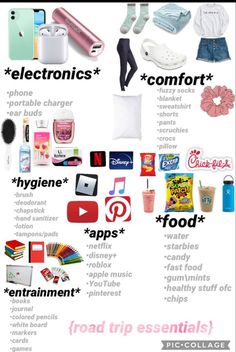 an image of the contents of a travel bag with text overlaying it that says, electronics + comfort + food + appliance = road trip essentials