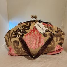 Luxurious Rose And Chocolate Cut Velvet Fabric On Camel Tan Background. Beautiful Gold Metal Accents On Closure And And Strap With Leather Handle. New With Tags. Silky Interior With Pockets. 17" Wide, 12" High, 6" Deep. Pink Evening Satchel, Elegant Pink Party Satchel, Pink Satchel Evening Bag, Pink Evening Tote Shoulder Bag, Pink Tote Shoulder Bag For Evening, Evening Pink Tote Shoulder Bag, Pink Double Handle Satchel For Evening, Pink Evening Bag With Double Handle, Pink Double Handle Evening Satchel