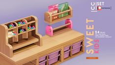 a wooden toy store with pink bins and toys on the shelves for sale in front of purple background