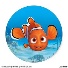 an orange clown fish with big eyes on a blue ocean background round wall hanging ornament