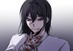 an anime character with black hair and blood dripping from his mouth, wearing a white shirt