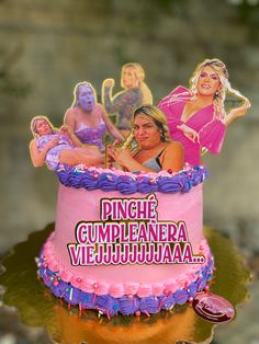 there is a pink cake with pictures of women on it and the words dinge gumpleanera vie utujujaya