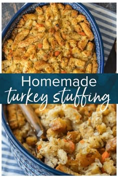 homemade turkey stuffing in a blue dish with text overlay