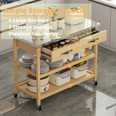 a kitchen island with drawers and plates on it