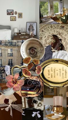 a collage of photos with various items in it including vases, plates and other things