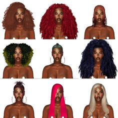 six different colored wigs are shown in the same image, each with different hair colors