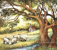 a painting of sheep grazing under a tree in front of a church with a river running through it