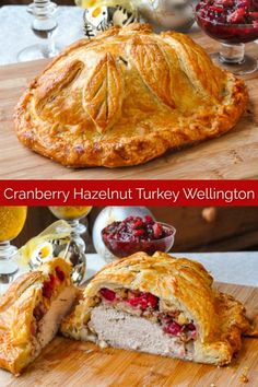 the cranberry hazelnut turkey wellington pie is cut in half and ready to be eaten