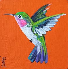 a painting of a hummingbird on an orange background