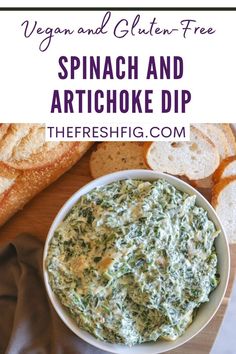 spinach and artichoke dip in a white bowl with bread on the side