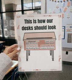 a person holding up a sign that says, this is how our desks should look