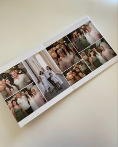 an open photo book with pictures of people and their wedding party on it's cover