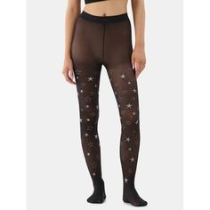 Shine bright with our Women's Sheer Star Tights from No Boundaries. Featuring a whimsical star pattern, these tights bring a touch of sparkle to any outfit. The sheer design provides a chic look while the soft stretch fabric ensures a comfortable fit all day long. Perfect for adding a celestial twist to your party attire or elevating your everyday style, these star tights are a stellar addition to any fashion-forward wardrobe. Only at Walmart. Size: XXL.  Color: Black.  Gender: female.  Age Grou Trendy Stretch Star Print Bottoms, Trendy Stretch Bottoms With Star Print, Black Star Print Bottoms For Night Out, Stretch Black Bottoms For Christmas, Fitted Black Bottoms For Christmas, Winter Party Tight Hosiery, Winter Party Tights, Winter Party Hosiery, Star Tights