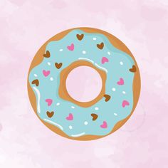 a donut with blue icing and sprinkles on a pink background