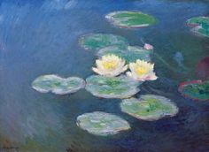 a painting of water lilies floating on top of a pond