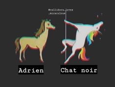 two different colored horses standing next to each other on a black background with the words adrienn chat noir