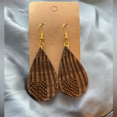 Wood Flag Earrings With Gold Hooks Solid Wood! New! Never Worn! Duck Earrings, Flag Earrings, Antler Earrings, Cnc Ideas, Engraving Ideas, Gold Hooks, Wood Flag, Earrings Wood, Wooden Jewelry