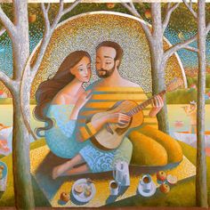 a painting of a man and woman playing the guitar