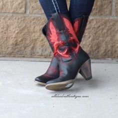 Very Volatile | Rio Grande Cowgirl Boots Black/Red This Contemporary Western Boot Has All The Sassy Style You Need. Burnished Synthetic Upper With Tooled Shaft Detail. Lightly Cushioned Foot Bed. Flexible Rubber-Like Sole . 3-1/2" Heel Height. Winter Black Boots With Red Sole, Black Boots With Red Sole For Fall, Black High Ankle Boots With Red Sole, Western Black Round Toe Heeled Boots, Black Ankle-high Boots With Red Sole, Red Western Heeled Boots With Round Toe, Red Western Style Heeled Boots With Round Toe, Black Boots With Red Sole, Closed Toe, Red Stacked Heel Boots For Winter