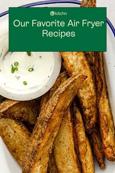 air fryer potato wedges on a white plate with ranch dip in the middle