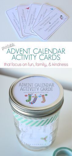 an activity calendar in a jar with the words, that focus on fun, family and kindness