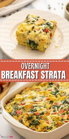 an omelet in a casserole dish on a white plate with the words overnight breakfast strata