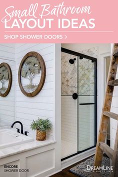 a bathroom with white walls and wooden ladders in it, along with the words small bathroom layout ideas shop shower doors