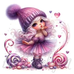 Bring a touch of whimsy to your holiday designs with this adorable Sugar Plum Gnome Clipart. This charming illustration features a cute girl gnome with pastel purple hair, cozy in her knitted hat, and surrounded by festive elements like a candy-themed Christmas tree and lollipops. Perfect for adding a magical, pastel-hued touch to your Christmas projects, this clipart is ideal for use in digital scrapbooking, holiday cards, seasonal invitations, and more. "What will you receive?" - 3  Zip Files Ios Stickers, Doll Clipart, Coquette Doll, Pastel Purple Hair, Christmas Pastel, Winter Coquette, Whimsical Christmas Decor, Violet Pastel, Girl Gnome