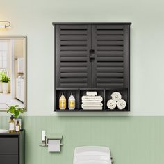 a bathroom with green walls and black shutters