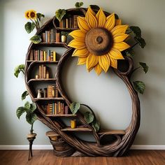 a bookshelf with a sunflower on the front and shelves in the back