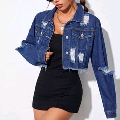 Dark Blue Ripped Raw Hem Crop Denim Jacket 68% Cotton 18% Polyester 14% Viscose Ripped Denim Jacket Outfit, Cropped Blue Denim Jacket With Frayed Hem, Blue Denim Jacket With Frayed Hem For Spring, Spring Blue Denim Jacket With Frayed Hem, Edgy Denim Blue Jacket For Spring, Spring Ripped Dark Wash Denim Jacket, Casual Blue Denim Jacket With Frayed Hem, Casual Cropped Ripped Denim Jacket, Trendy Ripped Blue Denim Jacket