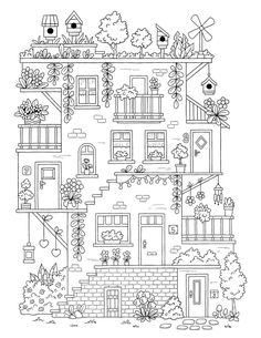 a house with many windows and plants on the roof, in black and white coloring book page