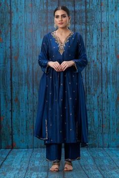 Shop for Niti Bothra Blue Silk Embroidered Kurta And Palazzo Set for Women Online at Aza Fashions Party Wear Suits For Women Indian, Blue Suits Women Indian, Niti Bothra, Plazo Dress, Kurta And Palazzo, Festival Photography, Kite Festival, Blue Kurta, Embroidered Hem