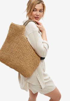 A summery tote that takes you everywhere – work, the beach, errands. Secure zip-top closure and two handles. Roomy with an inner lining and pocket for Swedish Fashion, Straw Tote Bag, Jumpsuit Jacket, Straw Bags, Tunic Tank Tops, Swimsuits For All, Petite Jeans, Woven Paper, New Tops