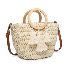 Natural seagrass with fringe tassel trim & wood handle Adjustable/ removeable leather strap Can be used as handheld satchel Dimension: 11"L x 8"H x 6"D Circle Handle, Wood Handles, Next Clothes, Tassel Fringe, Pocket Book, Fringe Trim, Wood Handle, Beach Bag, Straw Bag