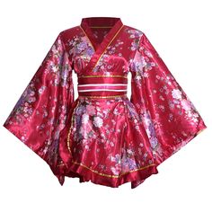 PRICES MAY VARY. !!!Please Use The Size Chart Image on the Left. Do not use Amazon's "Size Chart" link.!!!! -Features: Short Style kimono robe in bright color with Peony pattern, elegant and pretty. simple to wear.Top is separated from the skirt.Wide belt and large bow.Blue string adorns the waist.Collars and hemlines are decorated with white lace.If the v-neck is deep, a black cloth covers the front chest.No embarrassment. -Material： Made of 100% Polyester. light weight and airy and satin soft Skirt Belt Outfit, Japanese Traditional Geisha, Kimono Outfit Japanese, Short Kimono Dress, Traditional Geisha, Formal Kimono, Japan Dress, Kimono Traditional, Belt Outfit