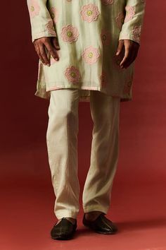 Mint blue kurta with floral thread hand embroidery. Paired with a matching plain pant. - Aza Fashions Traditional Embroidered Ankle-length Bottoms, Spring Chanderi Pant Set With Chikankari Embroidery, Summer Designer Chikankari Embroidery Pant Set, Traditional Chikankari Embroidery Pant Set For Summer, Spring Cotton Traditional Wear With Gota Work, Spring Traditional Cotton Wear With Gota Work, Cotton Pant Set For Designer Wear At Festivals, Traditional Full-length Embroidered Sets, Traditional Embroidered Full-length Sets