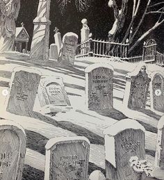 a black and white drawing of headstones in a cemetery at night, with the moon behind them