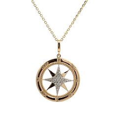 This 14k yellow gold pendant showcases a compass design with a total diamond weight of 0.14 carats. It comes with an 18-inch chain for easy wearing. A unique and stylish piece for women who love to explore and navigate life's journey. Round Diamond Jewelry With Compass Design, Diamond Compass Design Round Jewelry, White Gold Pendant With Compass Design, Gold Pendant Jewelry With Compass Design, Luxury Compass Design Necklace, Luxury Compass Design Round Pendant Necklace, Yellow Gold Compass Design Round Pendant Jewelry, Compass Design, Compass Pendant