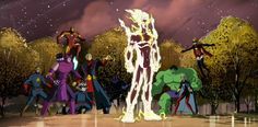 an animated scene with many superheros in the background