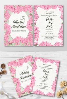 two wedding cards with pink flowers on them