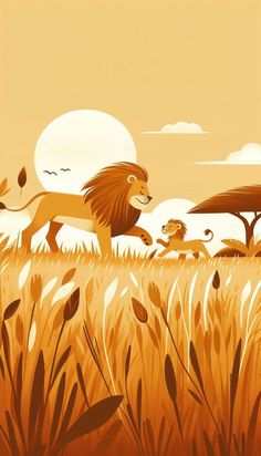 an illustration of a lion in the middle of a grassy field with trees and bushes