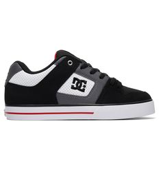 a black and grey skateboard shoe with the dc shoes logo on the soles