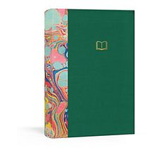 a green notebook with an abstract design on the front and back cover, sitting open