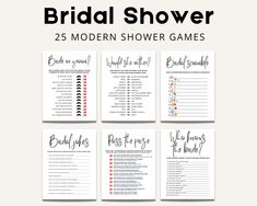 the bridal shower game is shown in four different colors and font, including red, white