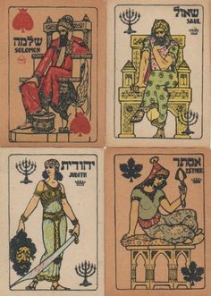 four different tarot cards with pictures of people