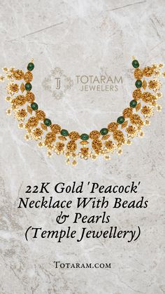 “Every time I see you, I fall in love all over again.” | Pictured: 22k gold Peacock Necklace with Beads & Pearls (Temple Jewellery). Find this and more traditional and modern south Indian Temple Jewellery at Totaram.com. Luxury Elegant Beaded Temple Necklace, Luxury 22k Gold Round Temple Necklace, Luxury Temple Necklace With Peacock Design For Rituals, Temple Jewellery Gold, Indian Temple Jewellery, South Indian Temple, Necklace With Beads, Gold Peacock, Peacock Necklace