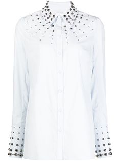 Paola stud-detail poplin shirt from ERDEM featuring light blue, silver-tone stud detailing, oversized pointed collar, long sleeves, front button fastening and straight hem. Mom Ideas, Bubble Dress, Women Shirts Blouse, Women Shirt, Poplin Shirt, Collar Shirt, White Shirts, Beading, Fashion Branding